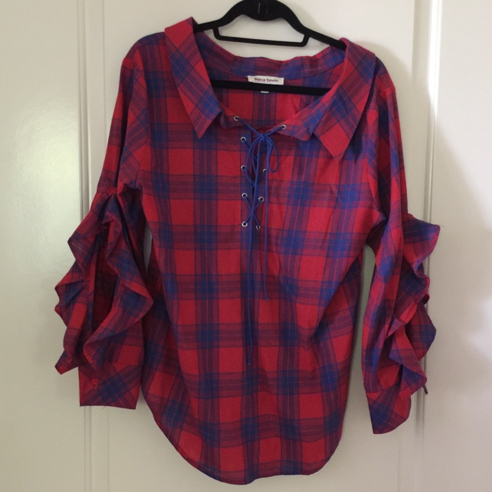 JEALOUS TOMATO open ruffle sleeve plaid blouse